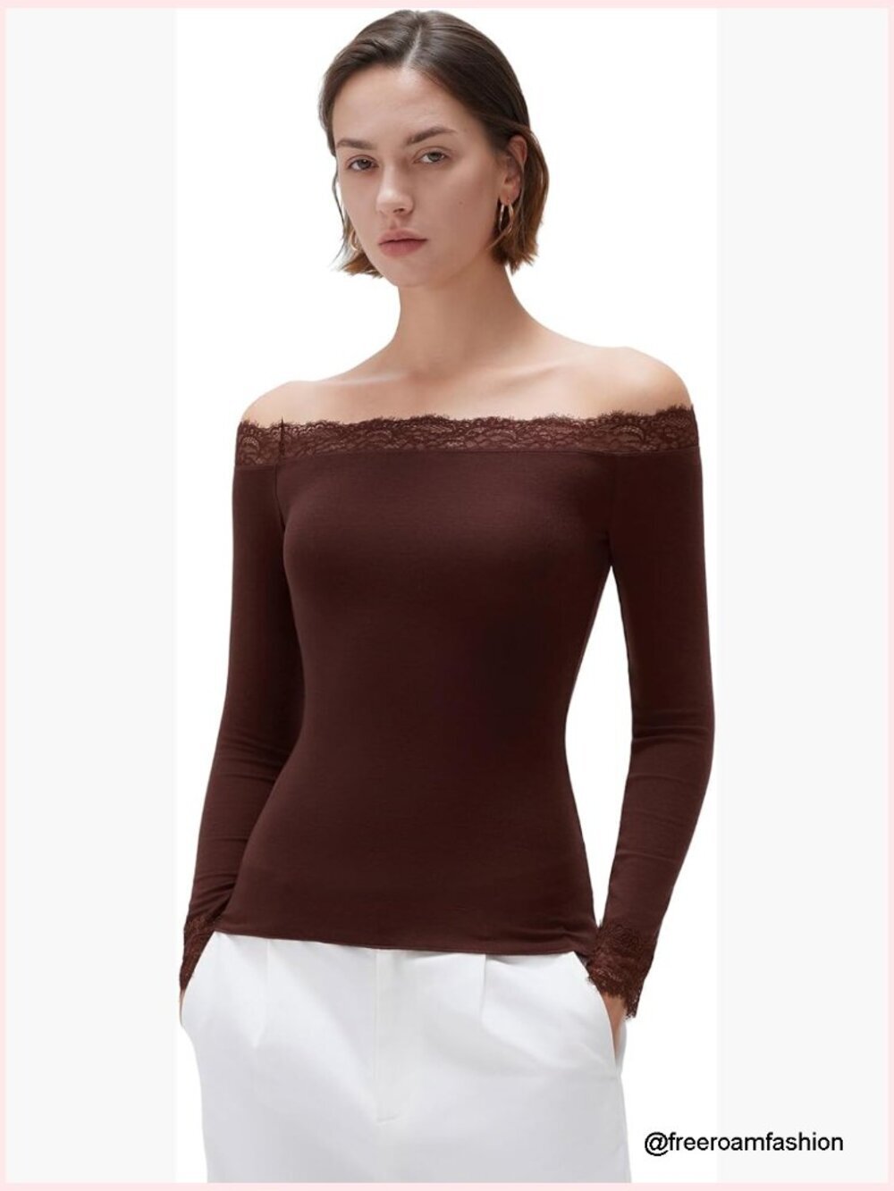 Lace Off Shoulder Long Sleeve Tee Buttery Soft Cashmere Blend